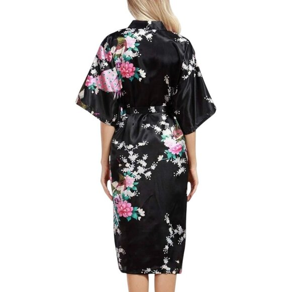 Womens Black Satin Kimono Robe Peacock and Blossoms Nightgown Sleepwear O/S - Picture 3 of 9